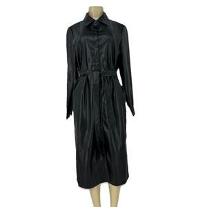 Evereve Small Women Black Vegan Faux Leather Button Up Midi Dress Trench CLT